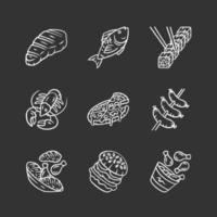 Restaurant menu chalk icons set. Fast food, italian and mediterranean cuisine. Pizza, lobster, steak, burger, sushi, sausages, chicken legs. Isolated vector chalkboard illustrations