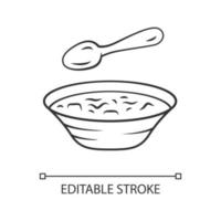 Soup linear icon. Bowl, spoon, kitchenware. Hot steaming soup plate. First meal. Healthy diet. Nutritious meal. Thin line illustration. Contour symbol. Vector isolated outline drawing. Editable stroke