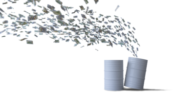 Mockup of 3d rendering image of 100 dollar bank notes flying to oil tank png