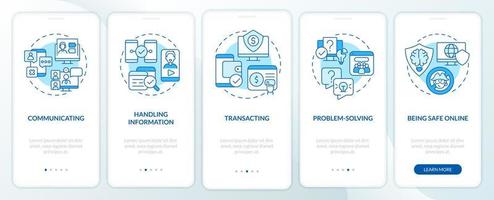 Digital skills blue onboarding mobile app screen. Computer systems walkthrough 5 steps graphic instructions pages with linear concepts. UI, UX, GUI template vector