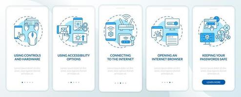 pantalla de aplicación móvil de integración azul de habilidades básicas digitales. tutorial 5 pasos páginas de instrucciones gráficas con conceptos lineales. interfaz de usuario, ux, plantilla de interfaz gráfica de usuario vector