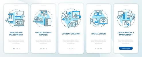 pantalla de aplicación móvil de integración azul de habilidades digitales avanzadas. tutorial 5 pasos páginas de instrucciones gráficas con conceptos lineales. interfaz de usuario, ux, plantilla de interfaz gráfica de usuario vector