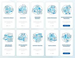 Digital skills and literacy blue onboarding mobile app screen set. Walkthrough 5 steps graphic instructions pages with linear concepts. UI, UX, GUI template vector