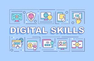 Digital skills word concepts blue banner. Computer systems literacy. Infographics with icons on color background. Isolated typography. Vector illustration with text