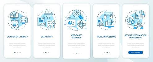 Habilidades digitales básicas Pantalla de aplicación móvil de incorporación azul. tutorial de alfabetización informática 5 pasos páginas de instrucciones gráficas con conceptos lineales. interfaz de usuario, ux, plantilla de interfaz gráfica de usuario vector