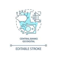 Central banks go digital turquoise concept icon. Crypto weakness in future abstract idea thin line illustration. Isolated outline drawing. Editable stroke vector