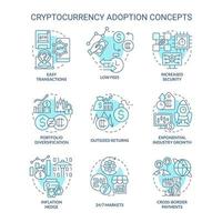 Cryptocurrency adoption turquoise concept icons set. Inflation hedge idea thin line color illustrations. Low fees. Isolated symbols. Editable stroke