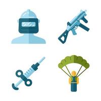 Online game inventory flat design long shadow color icons set. Esports, cybersports. Computer game equipment. Safety helmet, weapon, gun, parachute, adrenaline syringe. Vector silhouette illustrations