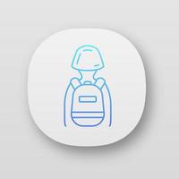 soldado del juego con el icono de la aplicación de mochila táctica. jugador con inventario de juegos. guerrero, soldado con casco y mochila. interfaz de usuario ui ux. aplicación web o móvil. ilustración vectorial aislada vector