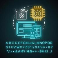 icono de concepto de luz de neón de plataforma de hardware. idea de aplicación de prueba electrónica. signo brillante con alfabeto, números y símbolos. industria de TI, tecnología móvil. ilustración vectorial aislada vector