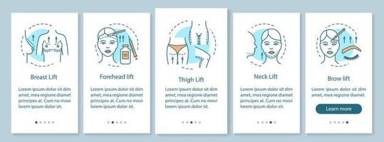 procedimiento de elevación quirúrgica que incorpora la pantalla de la página de la aplicación móvil con conceptos lineales. instrucciones gráficas de cinco pasos de recorrido. ux, ui, plantilla vectorial gui con ilustraciones vector