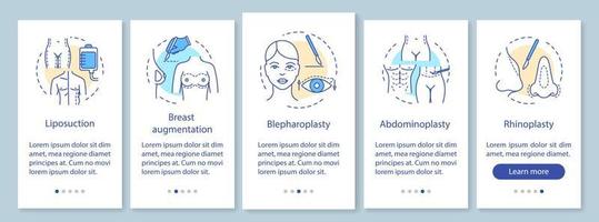 Plastic surgery procedures onboarding mobile app page screen with linear concepts. Five walkthrough steps graphic instructions. UX, UI, GUI vector template with illustrations