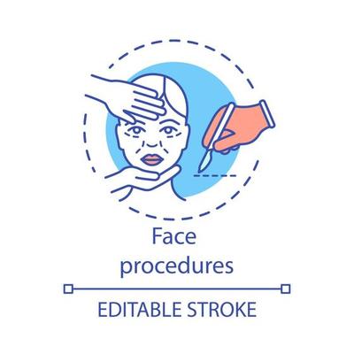 Face procedures concept icon. Plastic surgery idea thin line illustration. Invasive facial treatment. Aging skin. Face contouring. Vector isolated outline drawing. Editable stroke