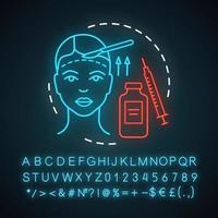 Forehead lift neon light icon. Reduce face wrinkle lines. Surgical procedure. Brow lift. Rejuvenation. Droopy eyelids. Glowing sign with alphabet, numbers and symbols. Vector isolated illustration