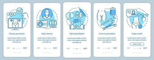 pantalla de la página de la aplicación móvil de incorporación del procedimiento de tratamiento del centro de cirugía plástica con conceptos lineales. instrucciones gráficas de cinco pasos de recorrido. ux, ui, plantilla vectorial gui con ilustraciones vector