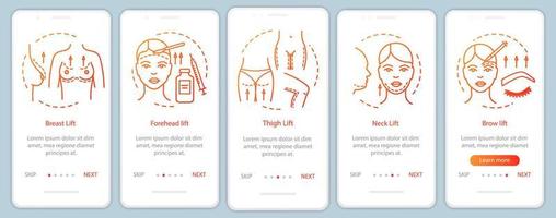 procedimientos de elevación cosmética incorporando plantilla de vector de pantalla de página de aplicación móvil. estiramiento facial levantamiento de senos paso a paso del sitio web con ilustraciones lineales. ux, ui, concepto de interfaz de teléfono inteligente gui