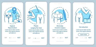 servicios del centro de cirugía plástica que incorporan la pantalla de la página de la aplicación móvil con conceptos lineales. reducción de grasa. instrucciones gráficas de cuatro pasos de recorrido. ux, ui, plantilla vectorial gui con ilustraciones vector