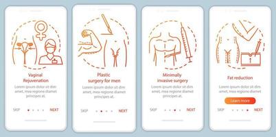 Men and women plastic surgery onboarding mobile app page screen vector template. Fat reduction. Walkthrough website steps with linear illustrations. UX, UI, GUI smartphone interface concept