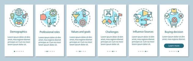 Buyer persona onboarding mobile app page screen with linear concepts. Audience segmentation walkthrough steps graphic instructions. UX, UI, GUI vector template with illustrations