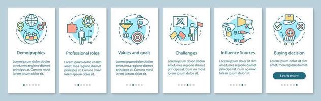Buyer persona onboarding mobile app page screen with linear concepts. Audience segmentation walkthrough steps graphic instructions. UX, UI, GUI vector template with illustrations