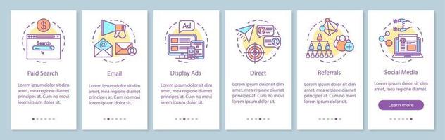 Marketing channels onboarding mobile app page screen with linear concepts. Ways of customer attraction walkthrough steps graphic instructions. UX, UI, GUI vector template with illustrations