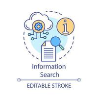 Information search concept icon. Analytics, document searching internet database, cloud storage settings idea thin line illustration. Vector isolated outline drawing. Editable stroke