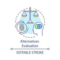 icono del concepto de evaluación de alternativas. pros y contras, ventajas y desventajas idea ilustración de línea delgada. toma de decisiones, dibujo de contorno aislado del vector de pensamiento lógico. trazo editable