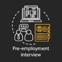 Pre-employment interview chalk concept icon. Hr agency. Employment service, headhunting. Professional hiring vector isolated chalkboard illustration. Applicants review, interview, cv application