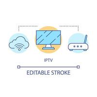 Icono de concepto de nube de word de iptv. caja de tv, protocolo de internet idea de tv ilustración de línea delgada. seguimiento multimedia, dibujo de contorno aislado del vector de almacenamiento en la nube. trazo editable