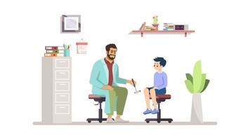 Neurologist examining kid flat vector illustration. Doctor, young patient isolated cartoon characters on white background. Happy child at hospital, clinic. Medical check, childcare, pediatrician