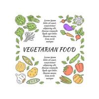 plantilla de vector de página de artículo de comida vegetariana. banner de conceptos de palabras de dieta saludable con espacio de texto. idea de tipografía de letras aisladas con iconos lineales. volante, folleto, prospecto, diseño de carteles