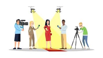Journalists interviewing movie star, actor, celebrity flat illustration. Paparazzi, reporters, correspondents isolated cartoon characters. Mass media, press, television industry. Reportage, interview vector