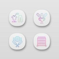 Cricket championship app icons set. Sport tournament. Uniform, champion cup, win, sight screen. League competition. UIUX user interface. Web or mobile applications. Vector isolated illustrations