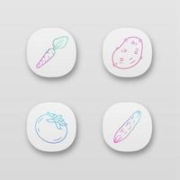 Vegetables app icons set. Potato, cucumber, tomato, carrot. Vitamin and diet. Healthy nutrition. UIUX user interface. Web or mobile applications. Vector isolated illustrations