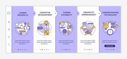 Why to learn to code purple and white onboarding template. Professional coder. Responsive mobile website with linear concept icons. Web page walkthrough 5 step screens vector