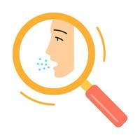 Allergy diagnosis flat design long shadow color icon. Medical testing, analysis. Search for health problem. Identification of allergic diseases. Human face in magnifier. Vector silhouette illustration