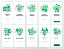 Urban planning green onboarding mobile app screen set. City design walkthrough 5 steps graphic instructions pages with linear concepts. UI, UX, GUI template vector