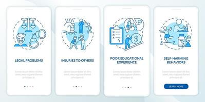 Effects of conduct disorder blue onboarding mobile app screen. Walkthrough 4 steps graphic instructions pages with linear concepts. UI, UX, GUI template vector