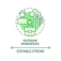Outdoor workspaces green concept icon. Inspiring work environment abstract idea thin line illustration. Working outside. Isolated outline drawing. Editable stroke vector