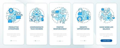 Healthy workplace environment blue onboarding mobile app screen. Walkthrough 5 steps graphic instructions pages with linear concepts. UI, UX, GUI template vector