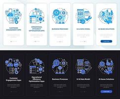 Apps for business night and day mode onboarding mobile app screen. Web walkthrough 5 steps graphic instructions pages with linear concepts. UI, UX, GUI template vector
