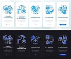 Apps for business night and day mode onboarding mobile app screen. Web walkthrough 5 steps graphic instructions pages with linear concepts. UI, UX, GUI template vector