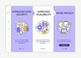 Web 3 0 benefits purple and white onboarding template. Software development. Responsive mobile website with linear concept icons. Web page walkthrough 3 step screens vector