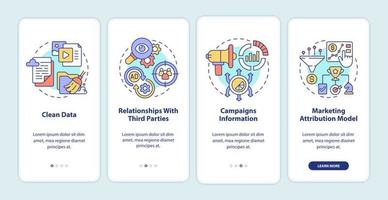 opciones de la plataforma de marketing digital incorporando la pantalla de la aplicación móvil. tutorial de anuncios páginas de instrucciones gráficas de 4 pasos con conceptos lineales. interfaz de usuario, ux, plantilla de interfaz gráfica de usuario vector