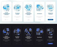 How to learn to code night and day mode onboarding mobile app screen. Job walkthrough 5 steps graphic instructions pages with linear concepts. UI, UX, GUI template vector