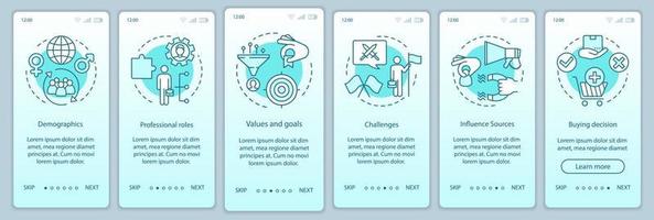 Buyer persona turquoise gradient onboarding mobile app page screen vector template. Human activity walkthrough website steps with linear illustrations. UX, UI, GUI smartphone interface concept