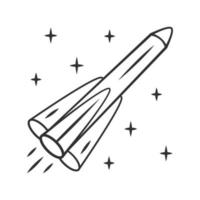 Rocket linear icon. Missile, spacecraft, aircraft. Human spaceflight. Space exploration. Interplanetary travel. Thin line illustration. Contour symbol. Vector isolated outline drawing. Editable stroke