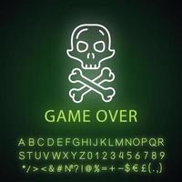 Game over neon light icon. Virtual video game end, failure. Skull with crossbones. Esports, cybersports sign. Game fail, loser. Glowing alphabet, numbers and symbols. Vector isolated illustration