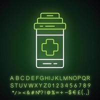 Painkiller neon light icon. Game cure. Medical aid to player. Extra life. Antibiotics, vitamins. Medications, pills, treatment. Glowing alphabet, numbers and symbols. Vector isolated illustration