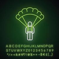 Parachute skydiver neon light icon. Game equipment. Parachuting, skydiving. Game player, warrior, soldier with parachute. Glowing alphabet, numbers and symbols. Vector isolated illustration